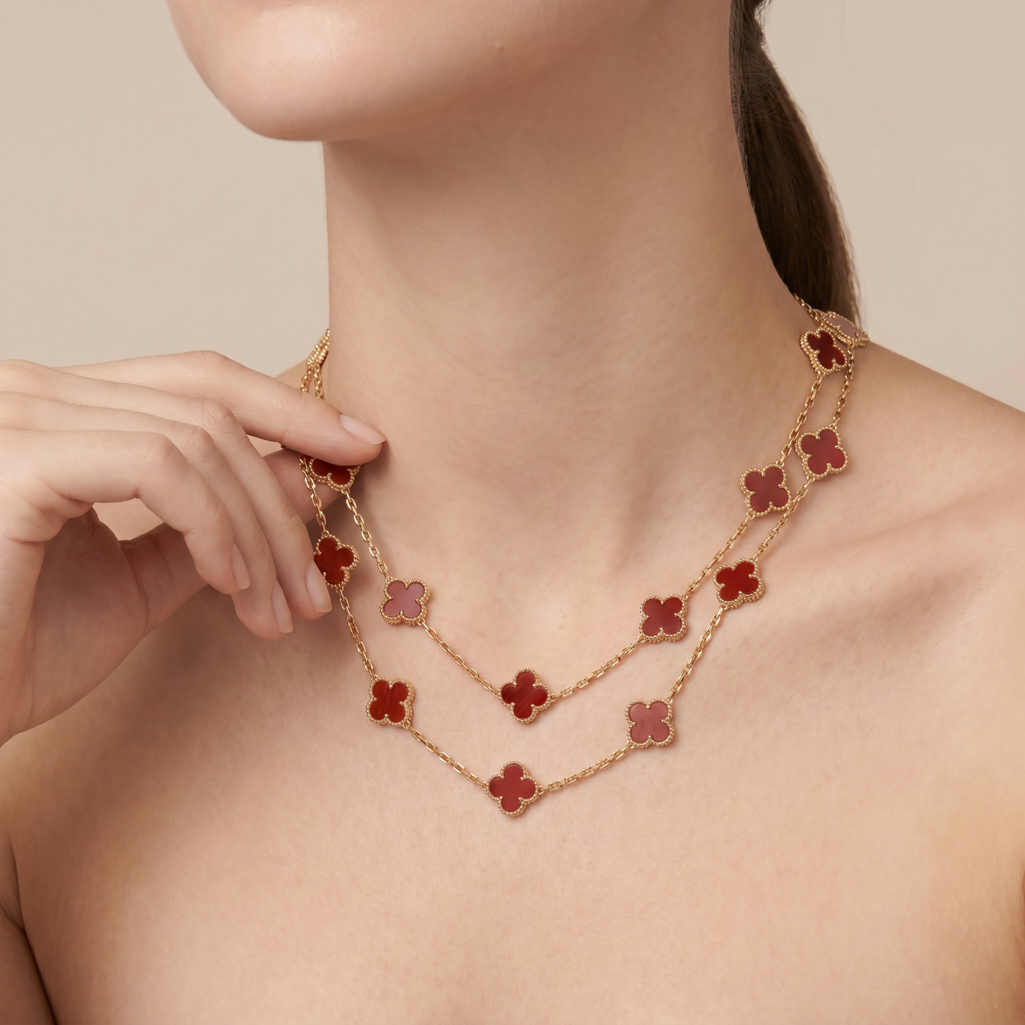 Vintage Alhambra Carnelian 20 Motifs Long Necklace