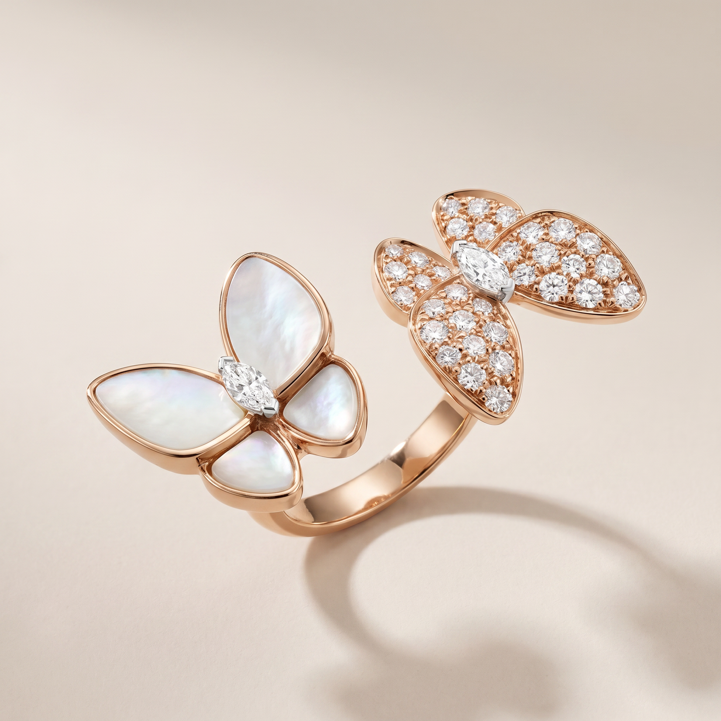 Two Butterfly Between The Finger Pearl Pavé Ring