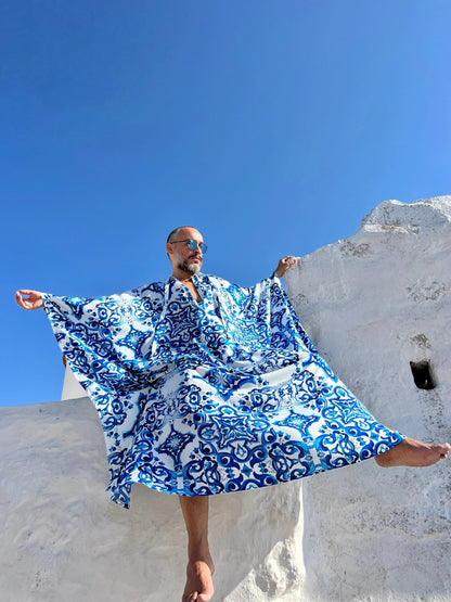 Men’s Blue Majolica Print Viscose Caftan, Lightweight Kaftan Tunic