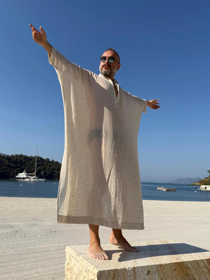Design Sheer Men’s Caftan, Lightweight Linen Style Kaftan beige