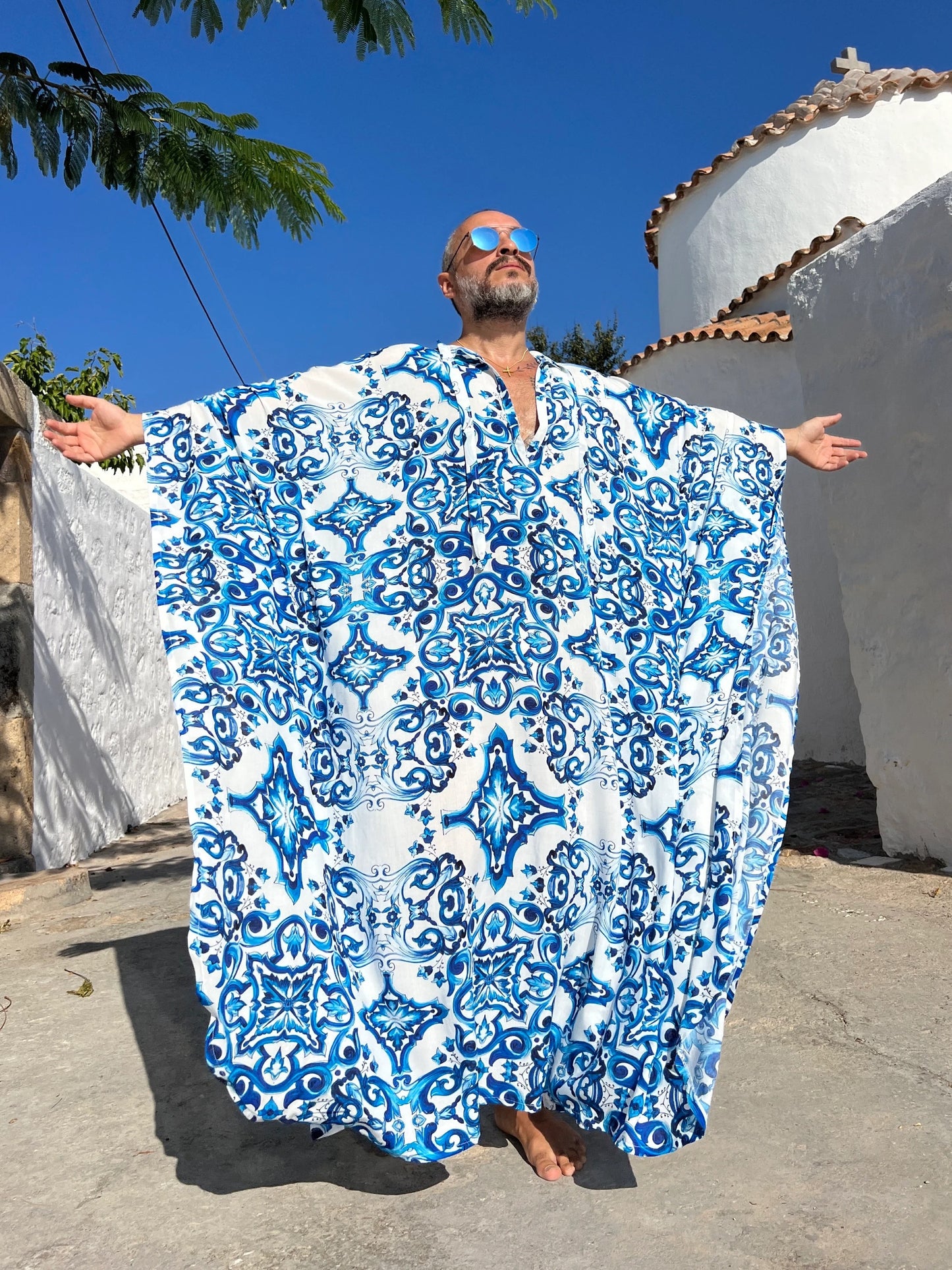 Men’s Blue Majolica Print Viscose Caftan, Lightweight Kaftan Tunic