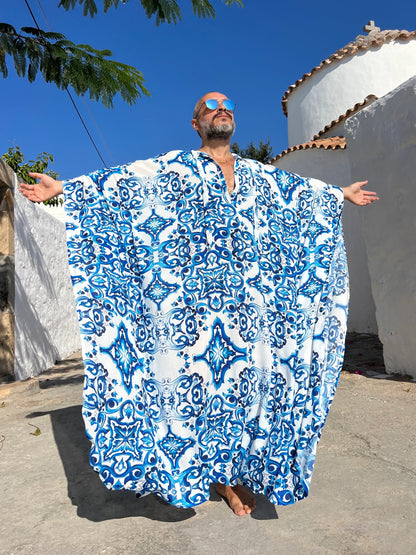 Men’s Blue Majolica Print Viscose Caftan, Lightweight Kaftan Tunic