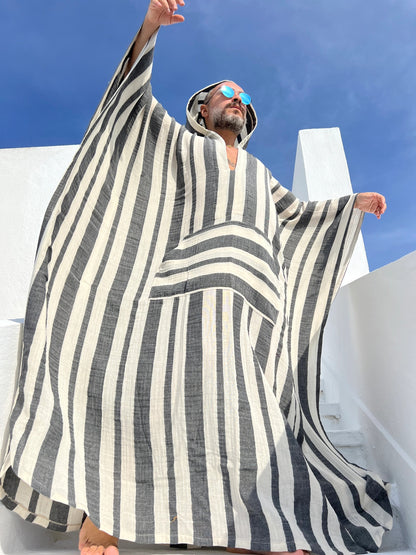 Men’s Hooded Muslin Caftan, Cotton Greek Style Kaftan, Relaxed Fit Robe with Pocket